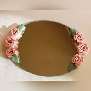 Vintage Pink Rose Decorative Tray with Green Leaves